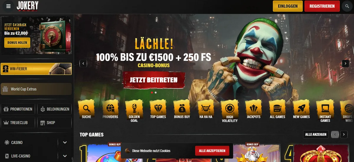 Startseite von Jokery mit Spielekacheln und Bonusbereich, verglichen für die Frage nach dem besten Online Casino Europa