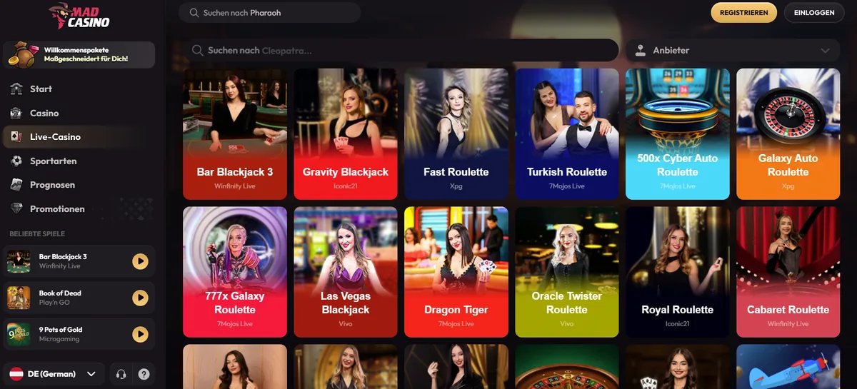 Startseite von MadCasino mit Bonusbanner und Spielkategorien, herangezogen für den Vergleich Casino online Europa