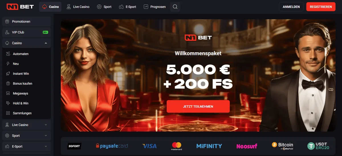Startseite von N1 Bet Casino mit Willkommenspaket und Zahlungsmenü, geprüft für Online Casino Europa Auszahlung