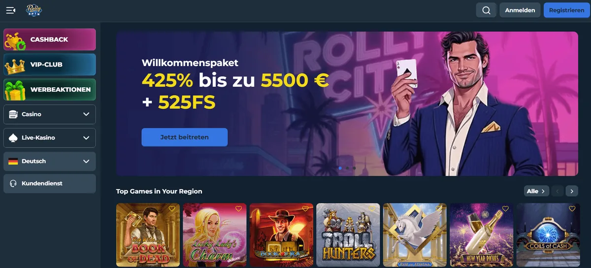 Startseite von RollySpin mit fünfstufigem Angebot und Spielauswahl, geprüft für Online Casino Europa Bonus