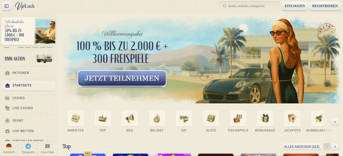 Startseite von VipLuck mit Willkommensangebot und Zahlungsleiste, aufgenommen für den Vergleich Europa Casino online